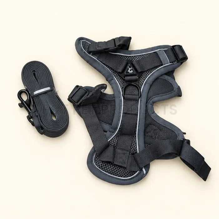 Grey Padded Pet Harness with Leash — wholesale collars & harnesses from F&T Pet Products